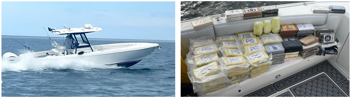 A search of the vessel conducted by PBSO and FWC officers revealed multiple large duffel bags containing sealed packages. A total of 124 kilograms of cocaine and 98 bottles of cough syrup containing codeine were discovered onboard.