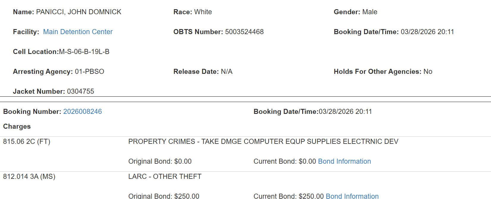 On March 27, 2026, detectives responded to the Palm Beach County Supervisor of Elections Office, located at 4301 Cherry Road, regarding the reported theft of sensitive computer equipment.