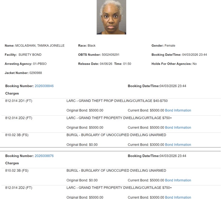 Through investigative means, the suspect was identified as Tamika McGlashan, who was traveling to various residences and committing thefts from dwellings by removing delivered packages.