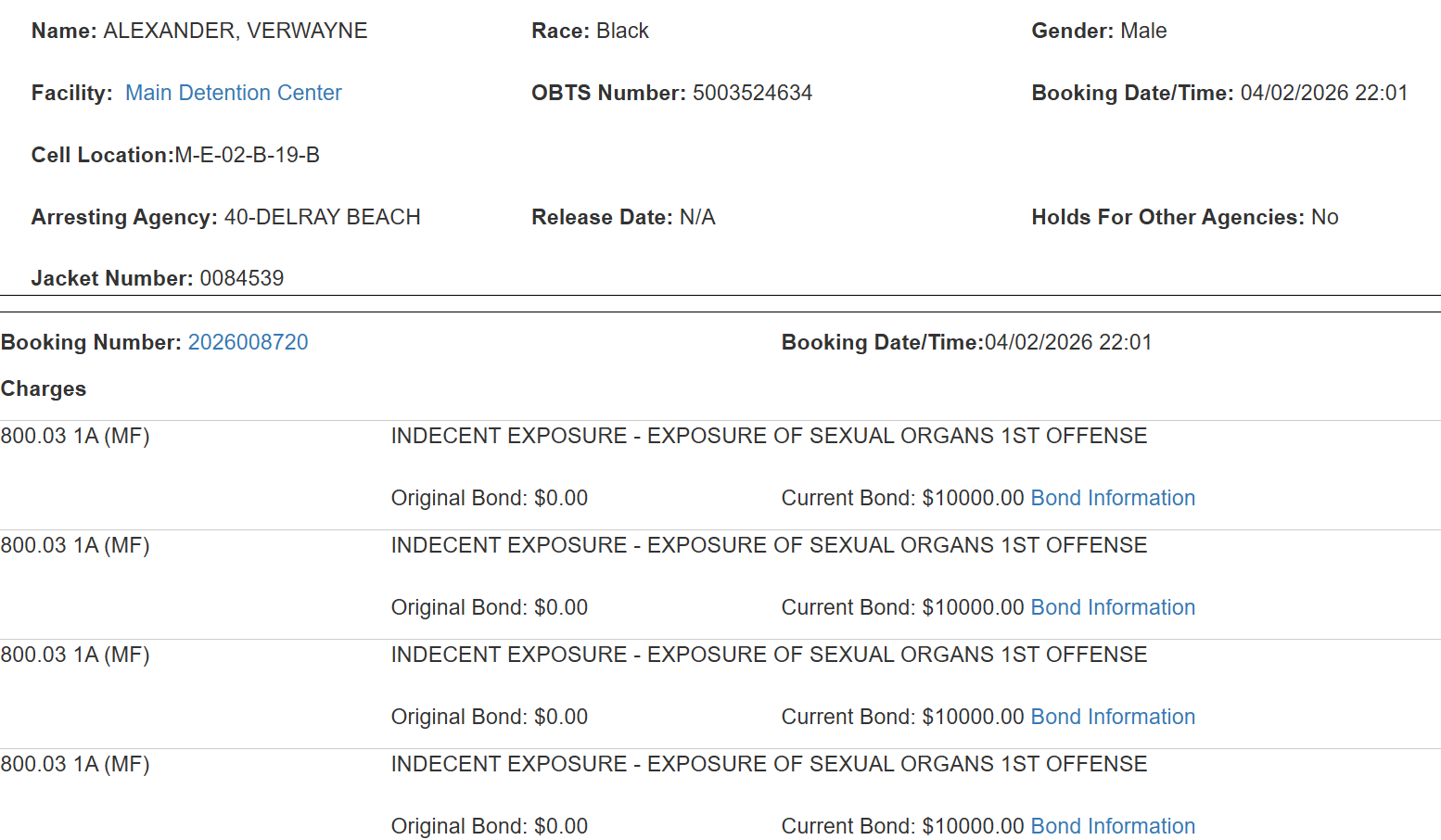 An arrest warrant was obtained by the Delray Beach Police Department for four counts of Indecent Exposure. On April 2, 2026, Alexander was located, arrested, and booked into the Palm Beach County Jail.